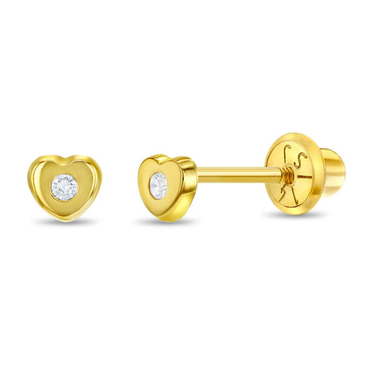 14k Gold Tiny CZ Heart 3mm Baby Kids Screw Back Earrings