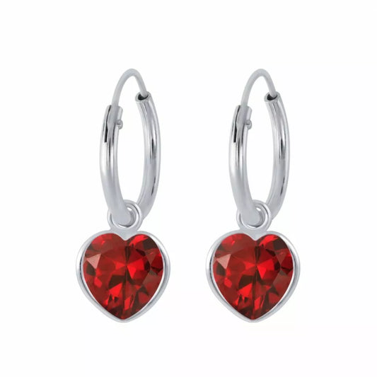 Girls's Sterling Silver Red Heart CZ Hoop Earrings