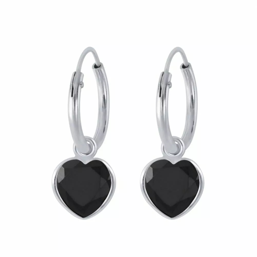 Girls's Sterling Silver Black Heart CZ Hoop Earrings