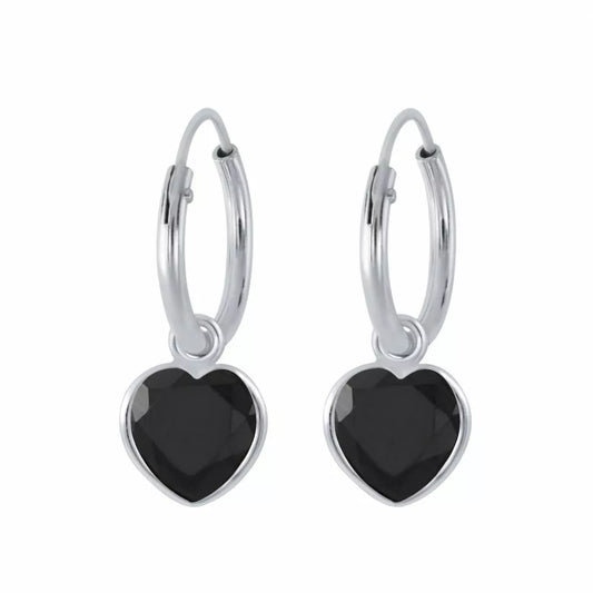 Girls's Sterling Silver Black Heart CZ Hoop Earrings