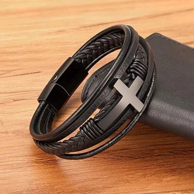 Mens Leather Braided Cross Bracelet With Magnetic Clasp