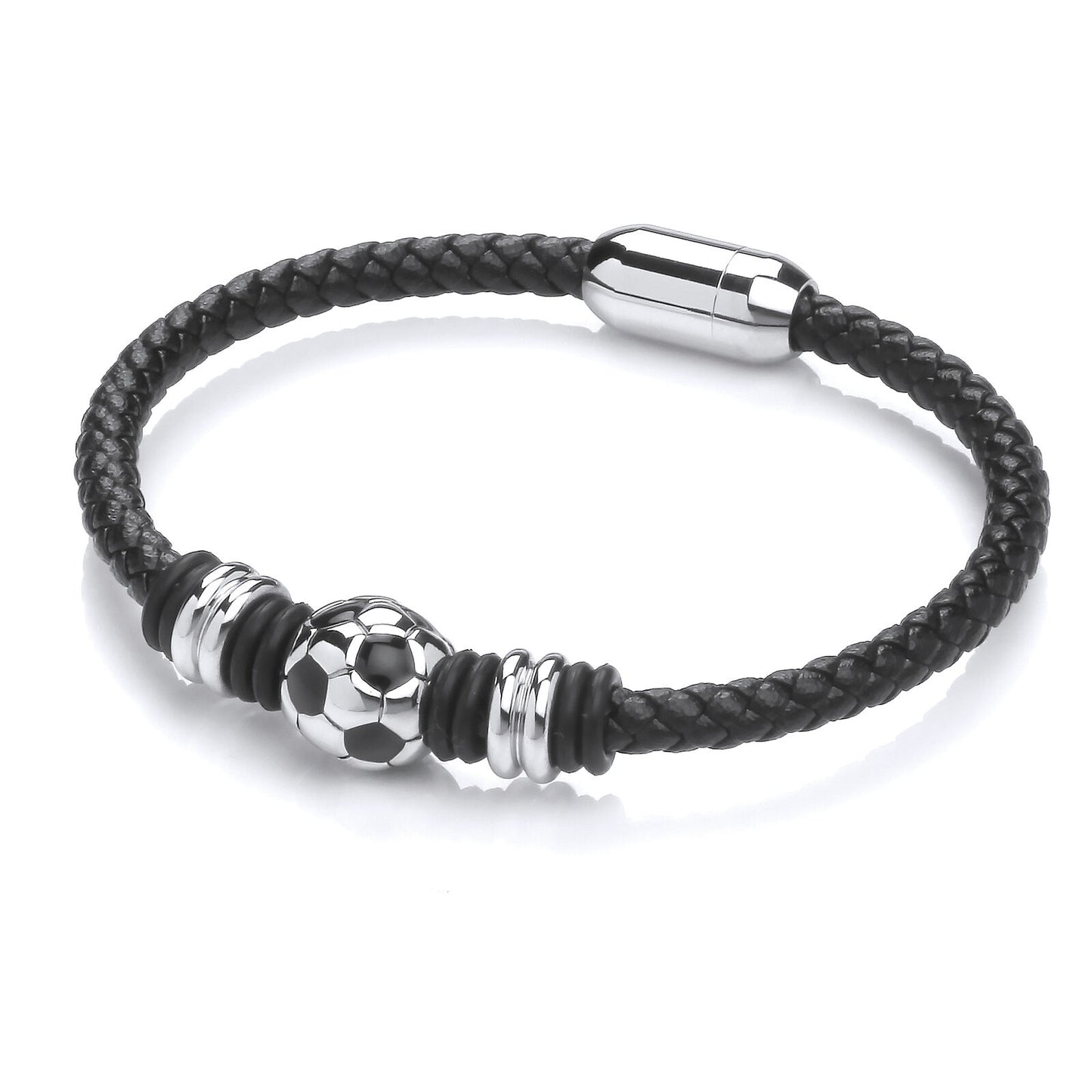 Children's Black Stainless Steel Button Football Ball Leather Magnetic Clasp Bracelet