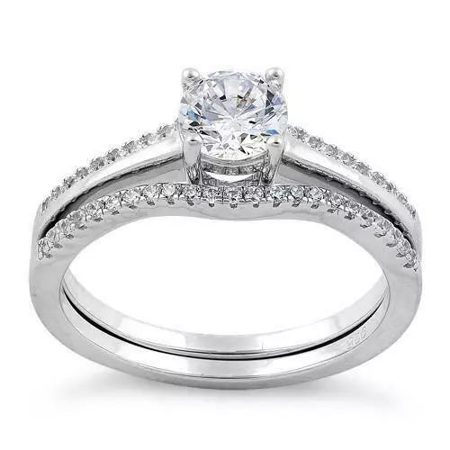 Sterling Silver Engagement Eternity Wedding 2pc Bridal Ring Set
