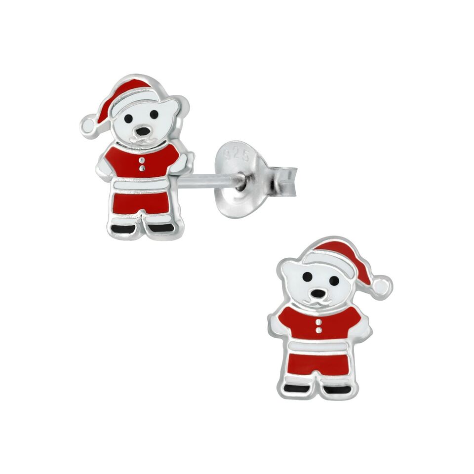 Sterling Silver Santa Bear Christmas Stud Earrings