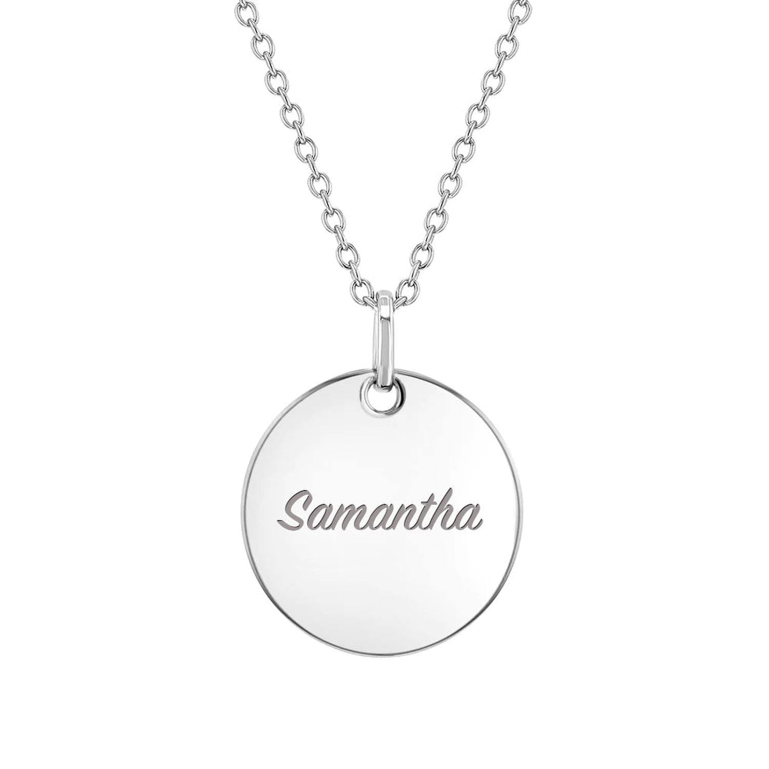 silver circle childrens engravable necklace with personalised engraving by Melchior Jewellery