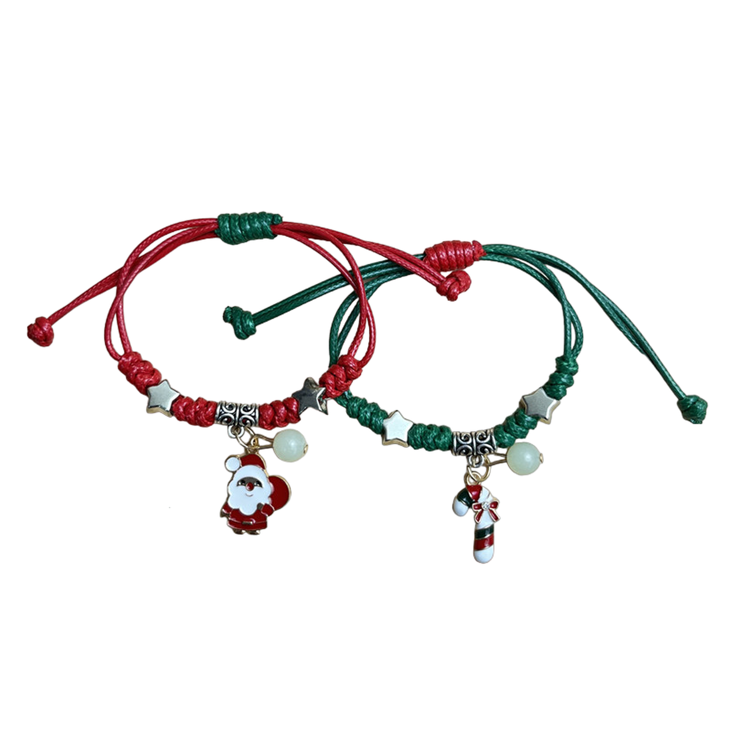 Melchior Jewellery adjustable Santa and candy cane bracelet set with red and green cords and festive charms