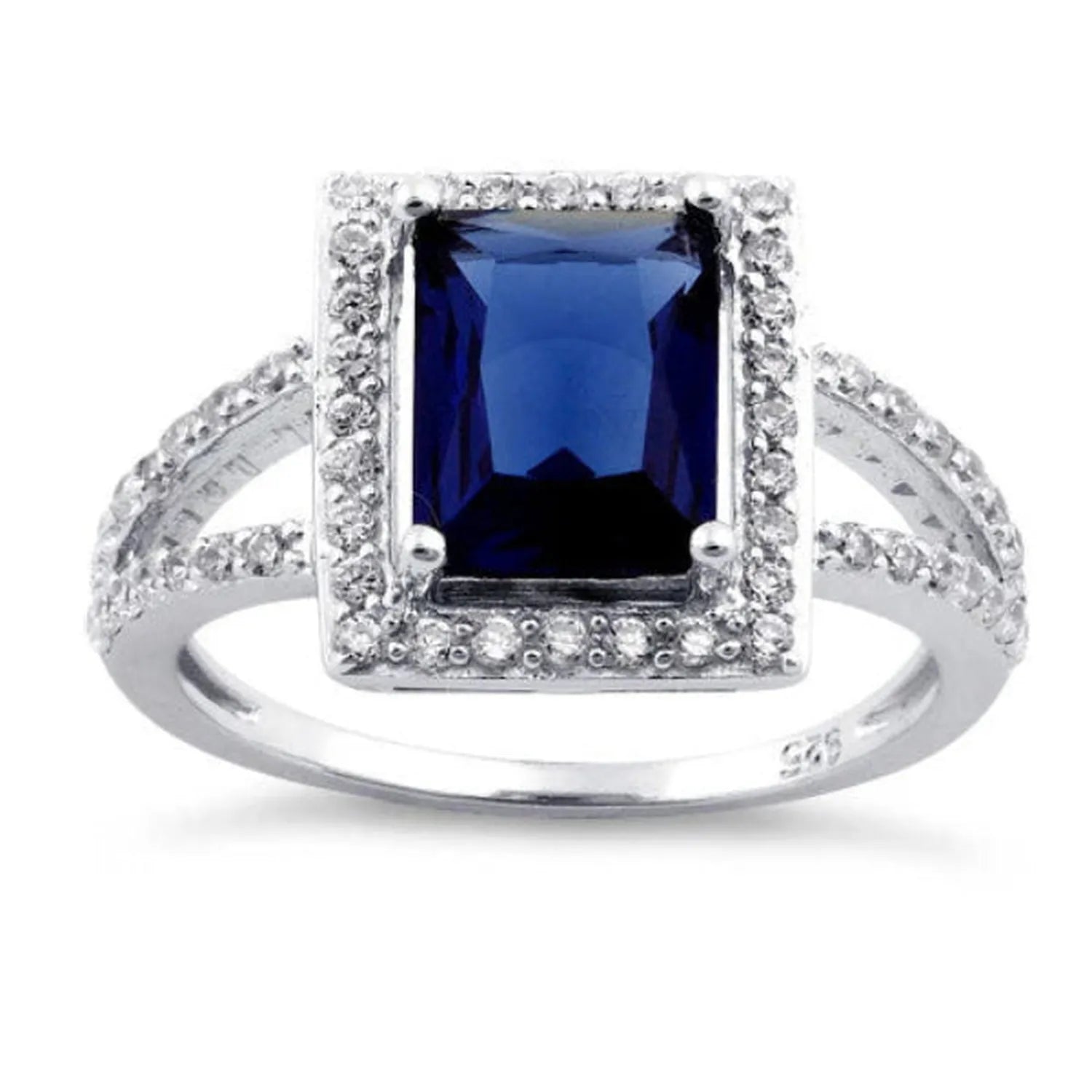 Melchior Jewellery sterling silver blue sapphire ring with rectangular sapphire and diamond accents