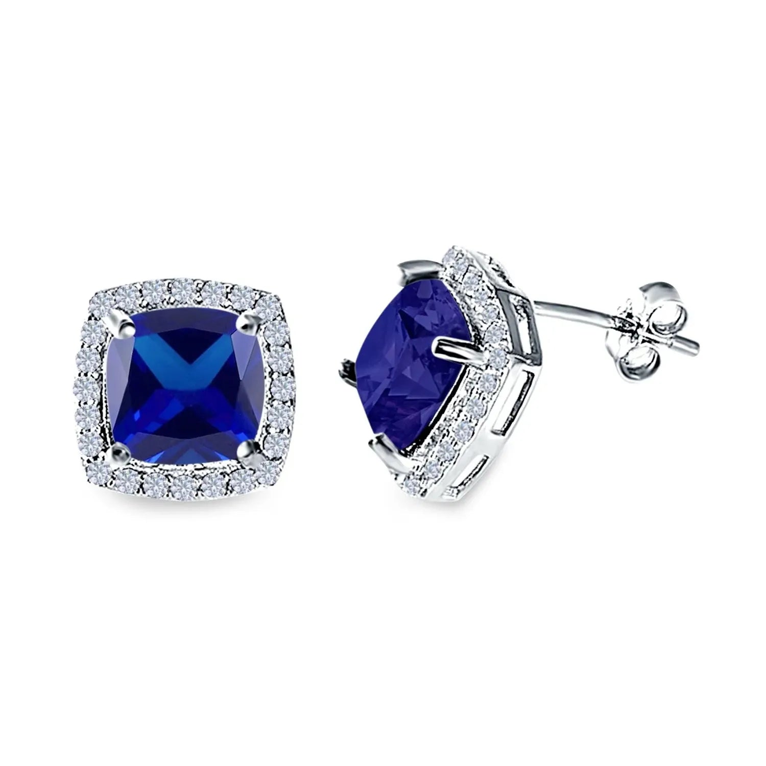 Sterling silver sapphire CZ studs featuring deep blue cushion-cut stones surrounded by sparkling clear cubic zirconia