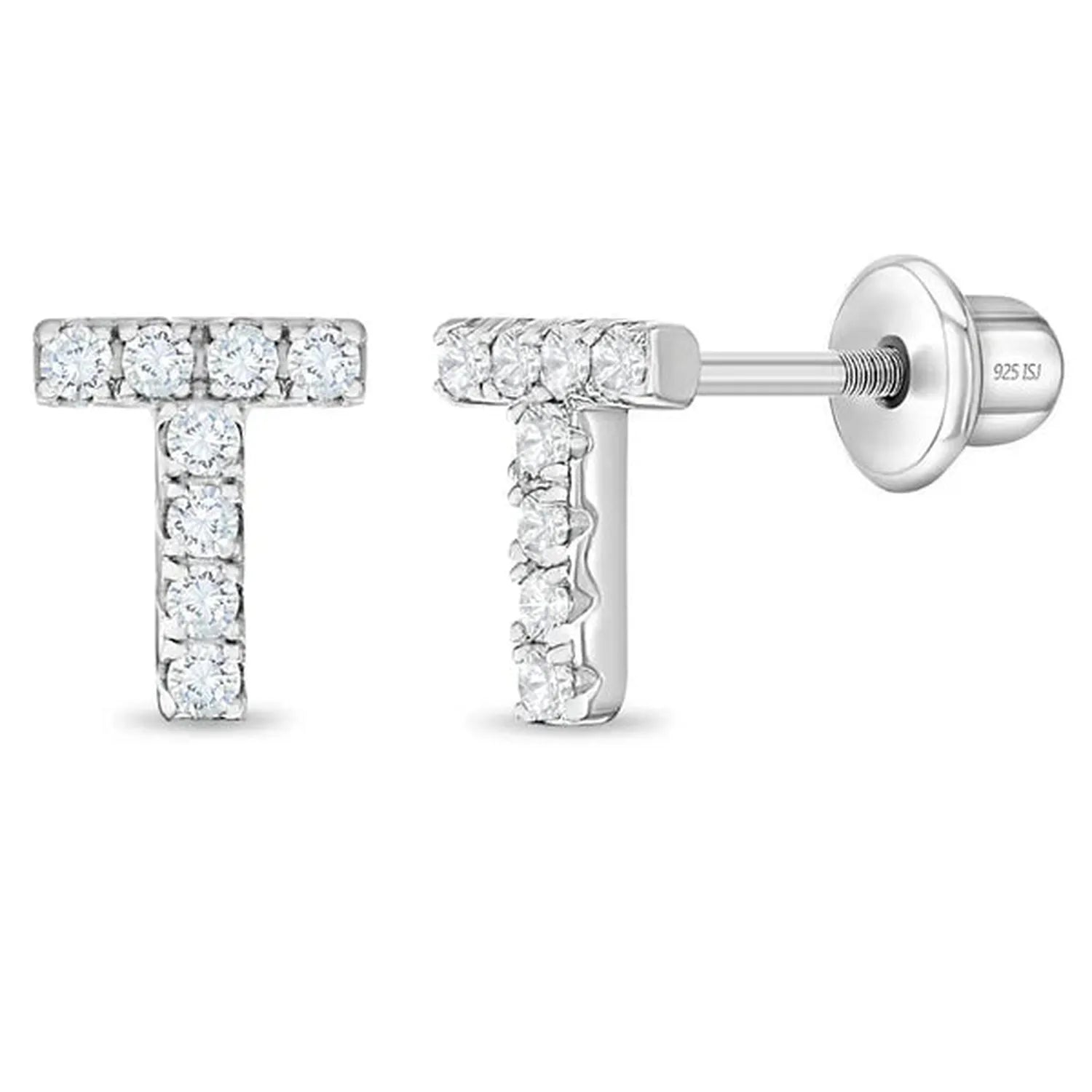 Sterling silver Letter Initial T Screw Back Earrings with cubic zirconia for children by In Season Jewellery