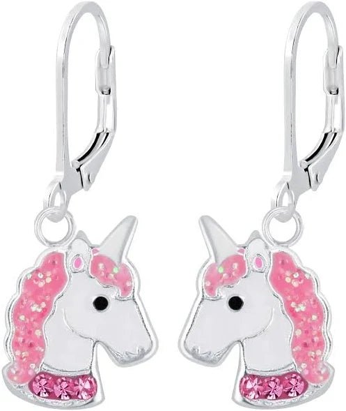 Children's Sterling Silver Sparkly Pink Unicorn Leverback Earrings