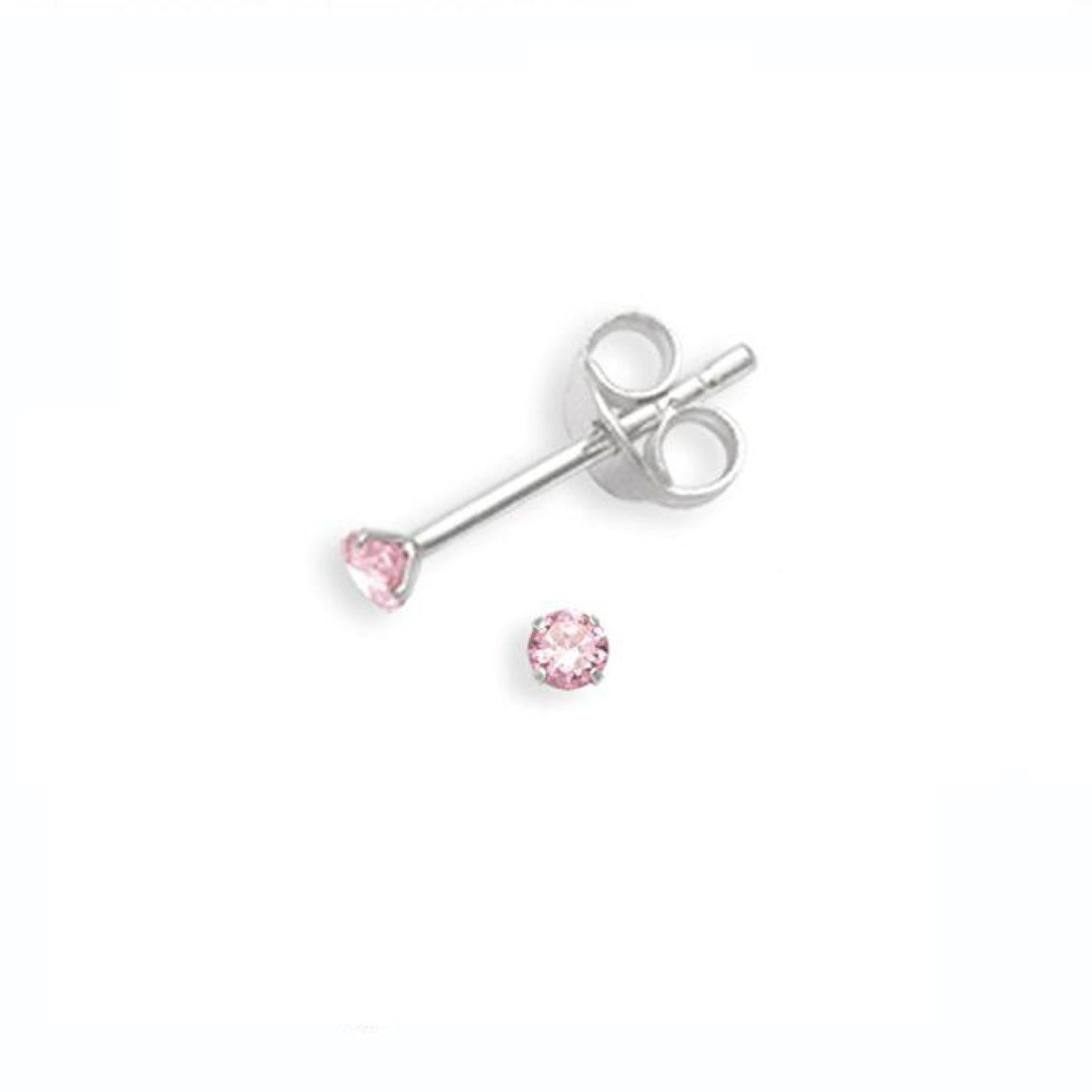 Sterling silver 2mm tiny round pink CZ stud earrings for women by Melchior Jewellery