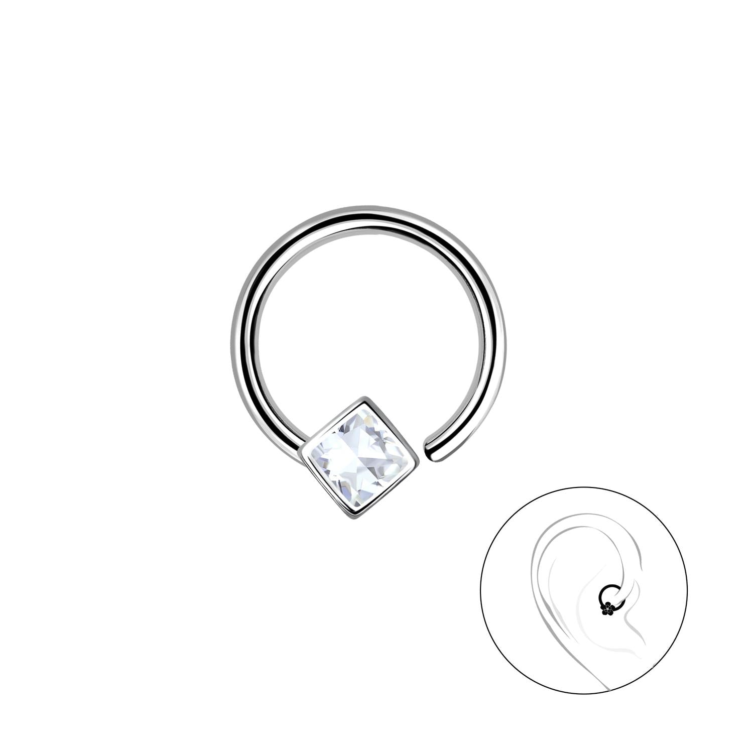 silver cartilage helix piercing CZ hoop with clear cubic zirconia stone by Melchior Jewellery