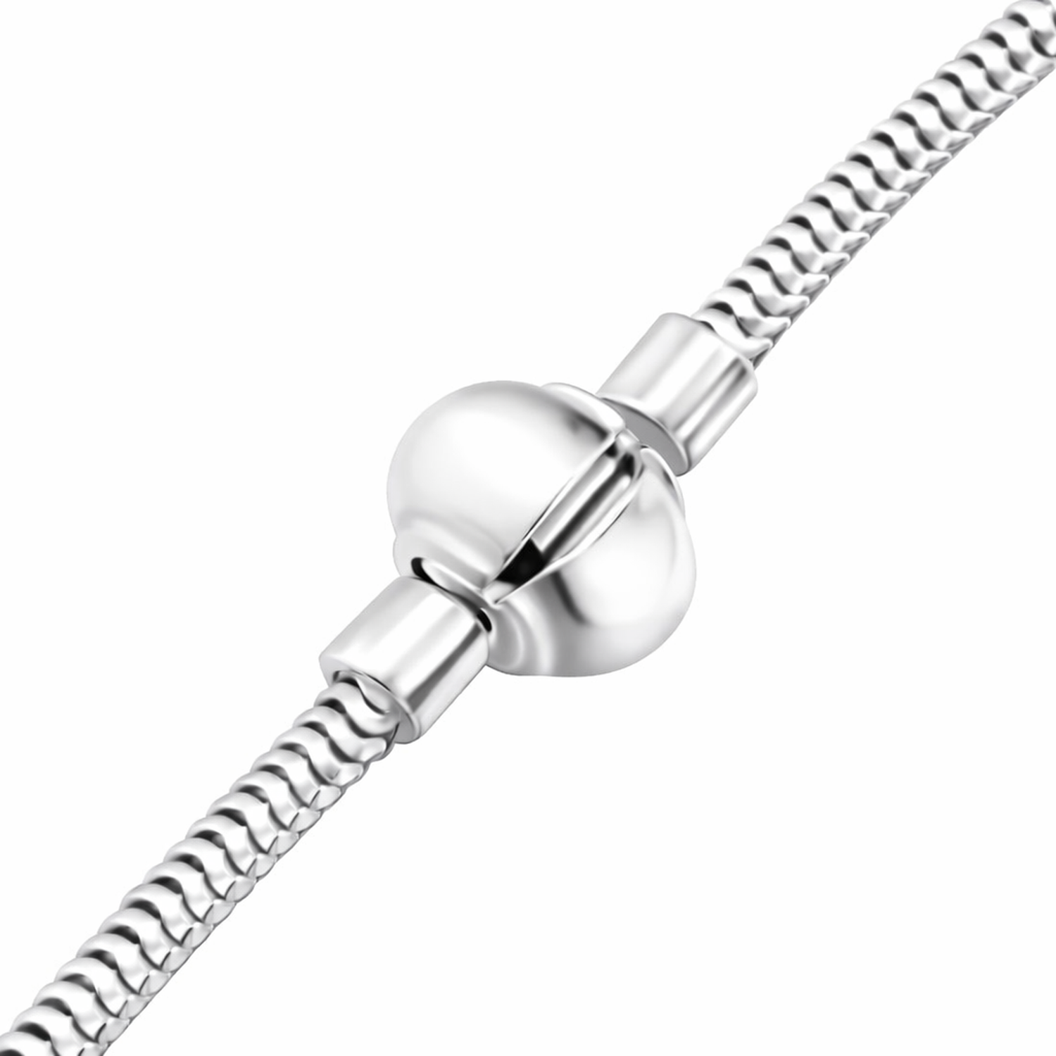 Sterling silver snake bracelet with polished clasp and smooth interlocking chain links in silver