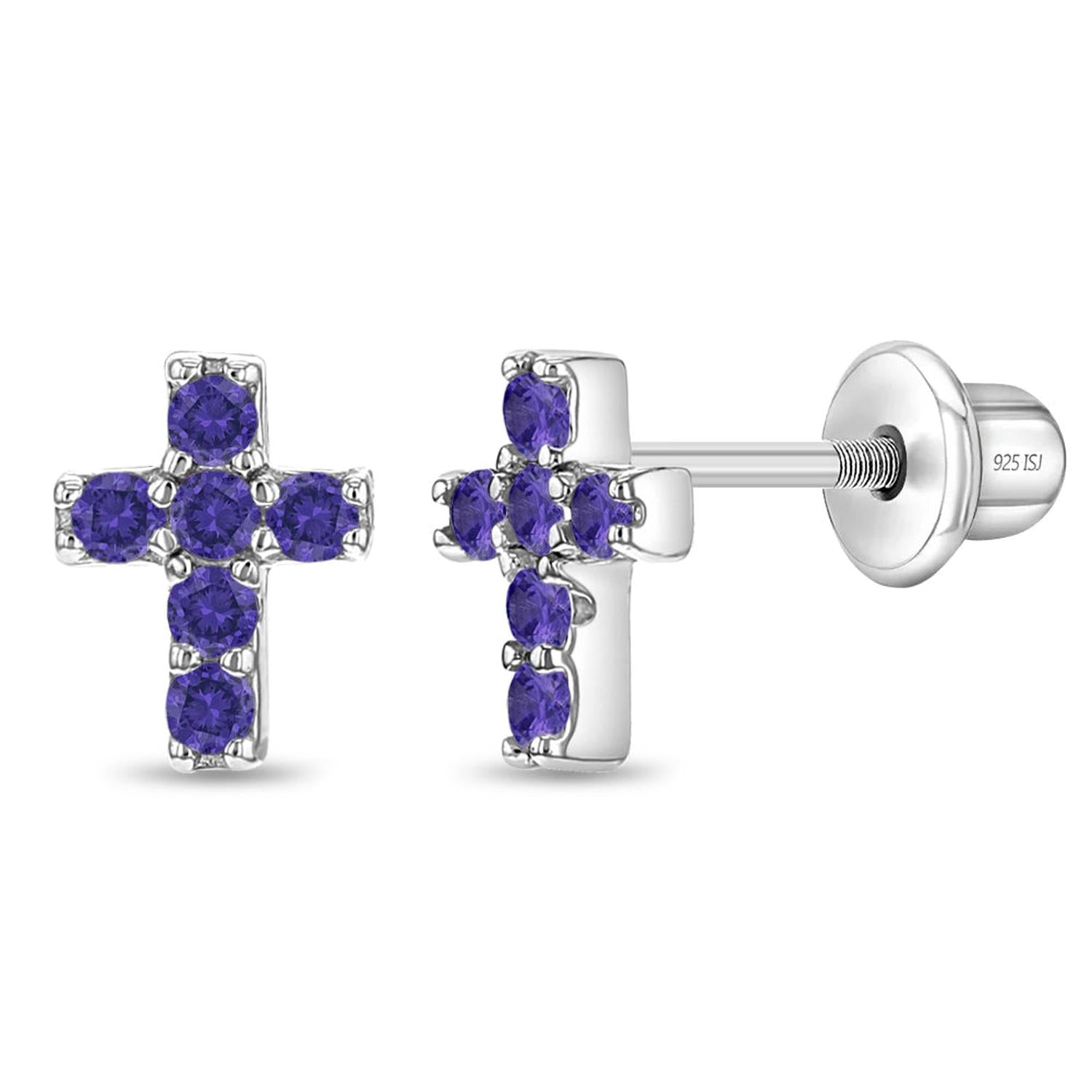 Sterling silver children silver cross earrings with purple gemstones by In Season Jewellery