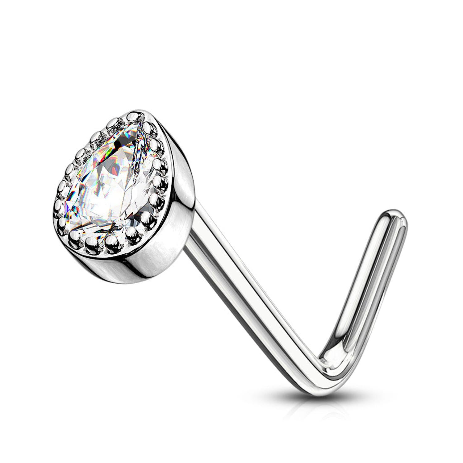 Melchior Jewellery silver L bend body jewellery with pear crystal and halo crystal accents crystal nose stud elegant design