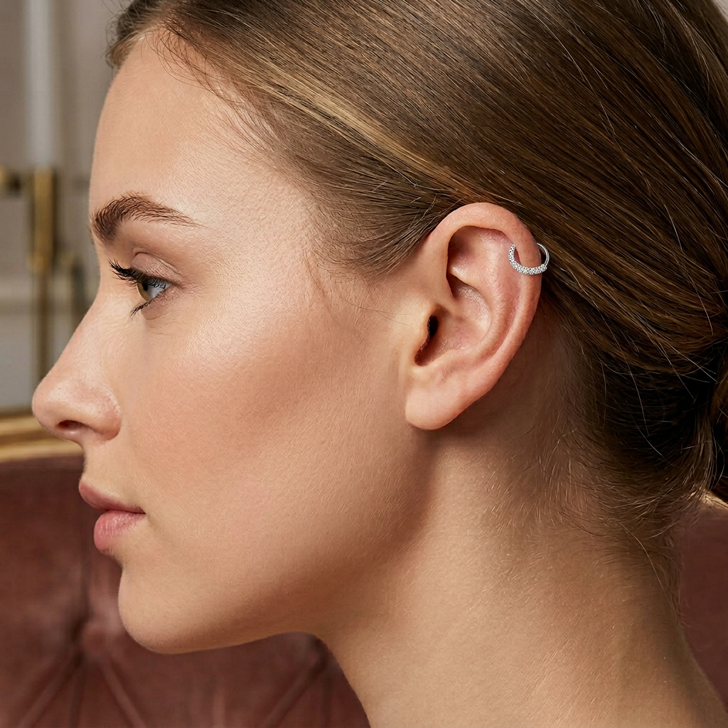Sterling silver cartilage piercing hoop with CZ stones worn on woman's ear by Melchior Jewellery