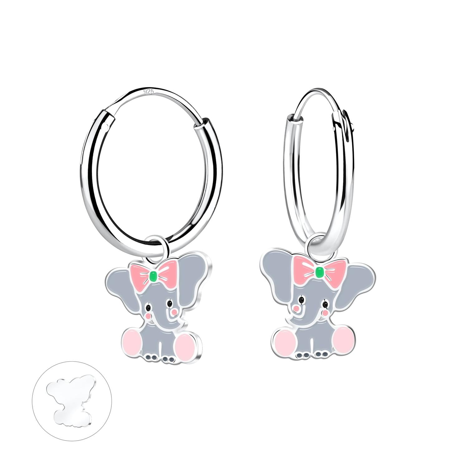 Silver Elephant Girls Earrings made of sterling silver with pink and green enamel for children