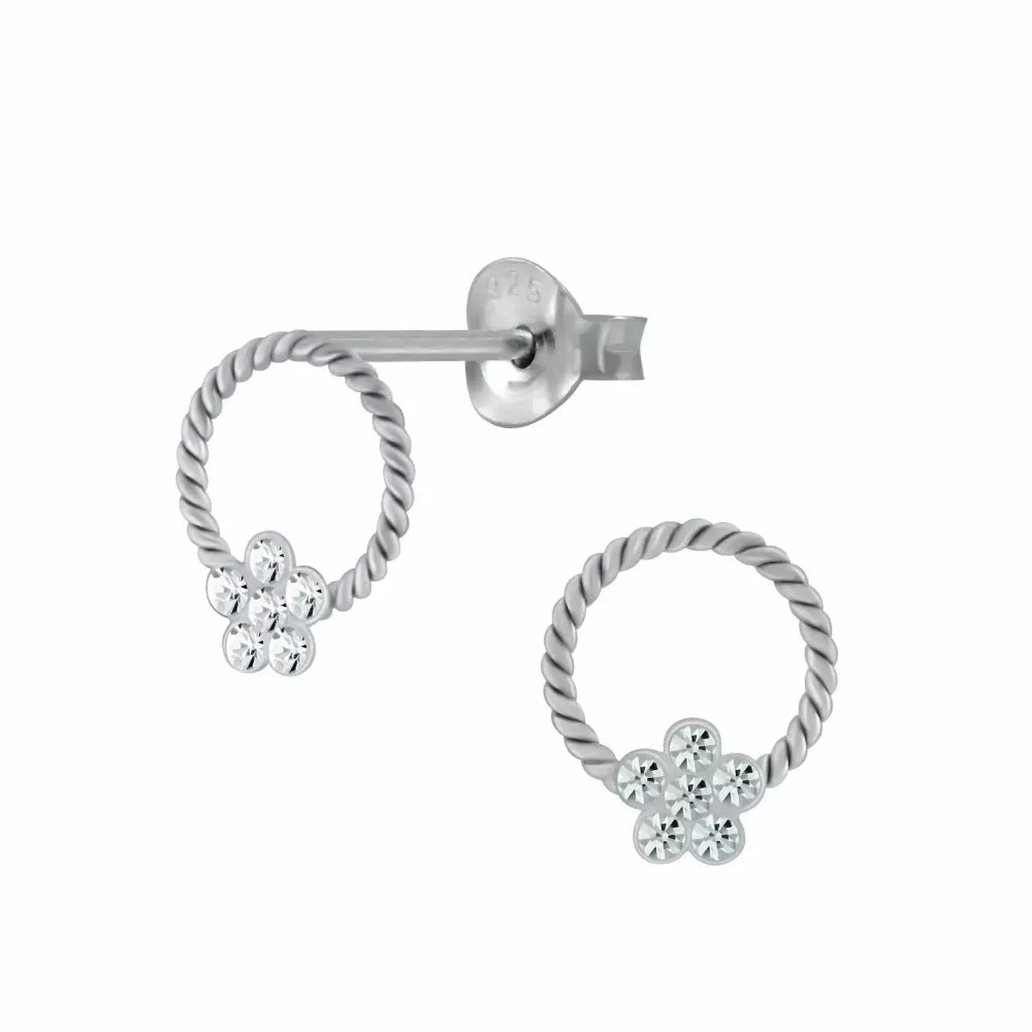 Children's sterling silver flower earrings with twisted hoop design by Melchior Jewellery