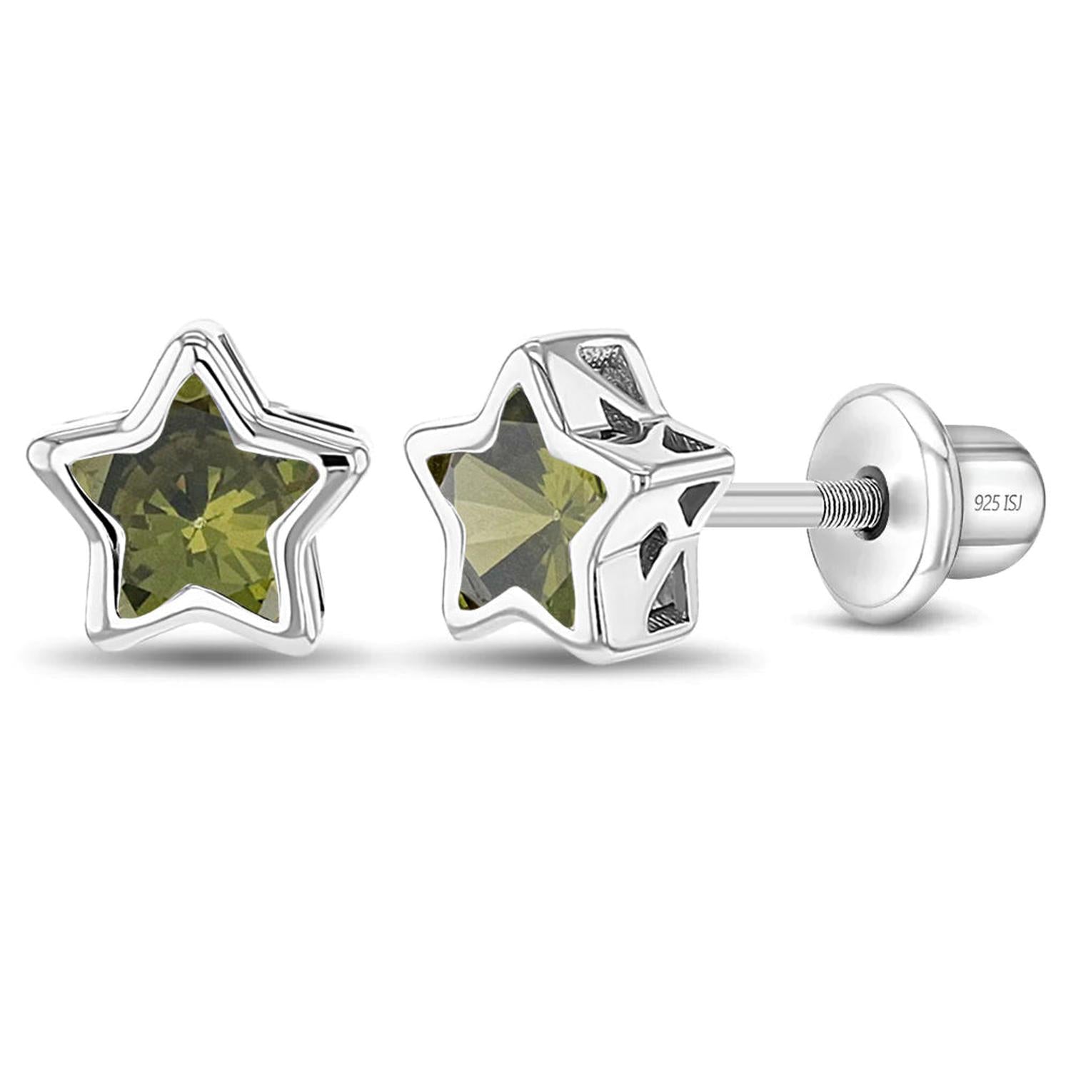 Silver Girls August CZ Star Birthstone Screw Back Earrings with green cubic zirconia in sterling silver for children