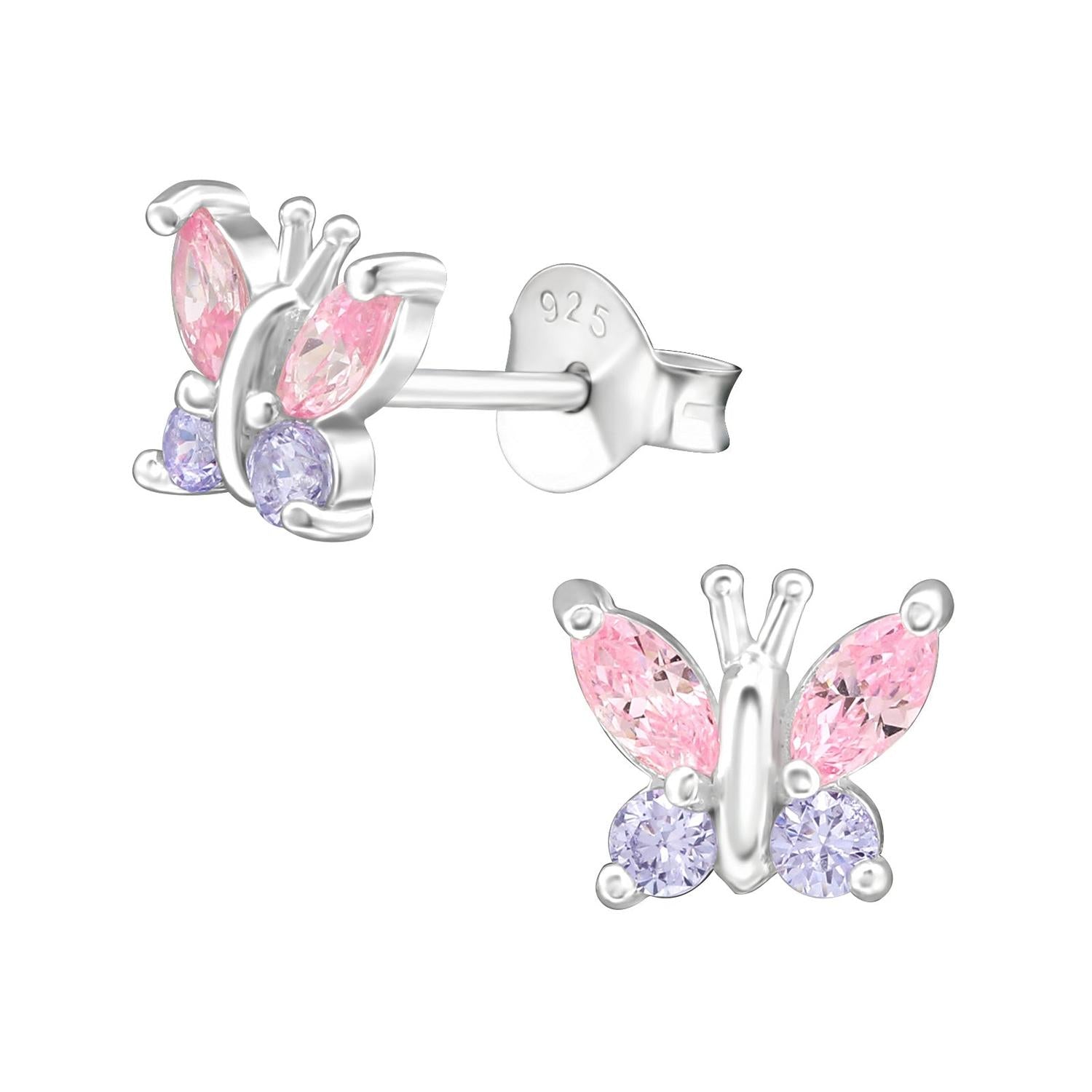 Sterling silver pink and purple girls butterfly earrings with cubic zirconia by Melchior Jewellery