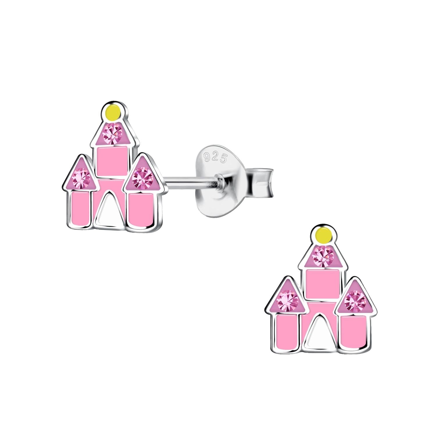 Silver girls pink princess castle stud earrings made from sterling silver with pink and yellow details