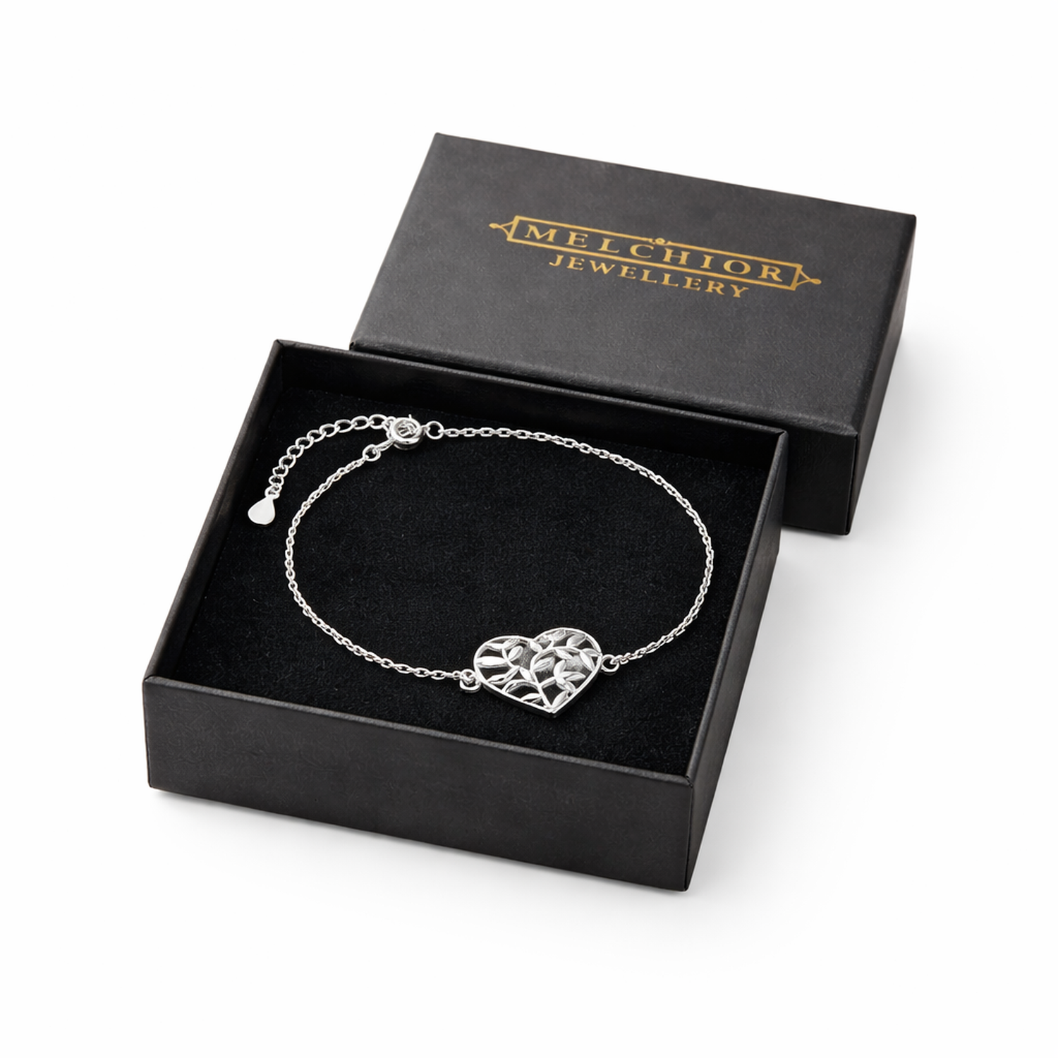 Sentiell olive leaf bracelet sterling silver with heart design in black gift box