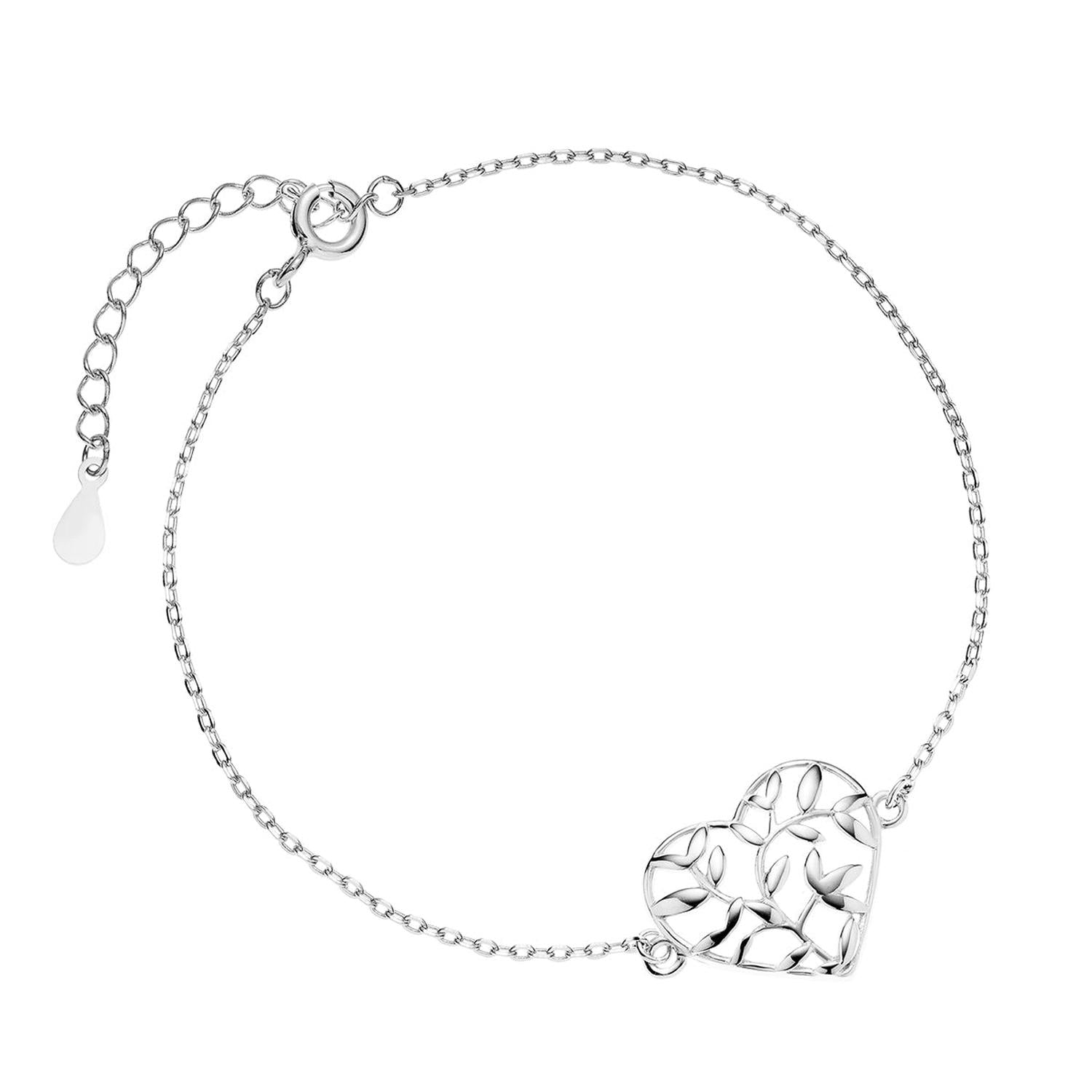 Sentiell womens olive leaf bracelet sterling silver with heart-shaped leaf design and adjustable chain