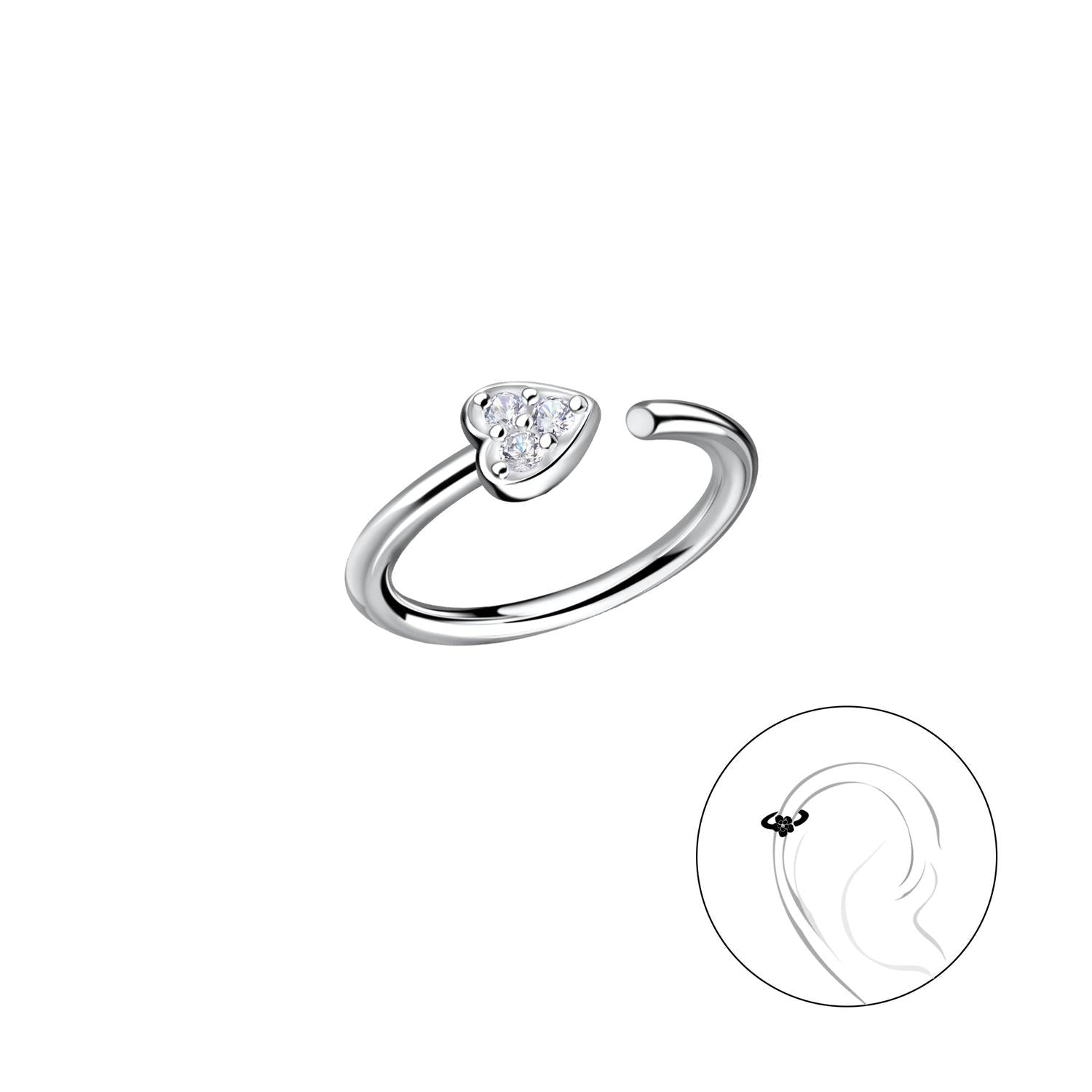 sterling silver heart-shaped helix cartilage piercing with clear stones by Melchior Jewellery