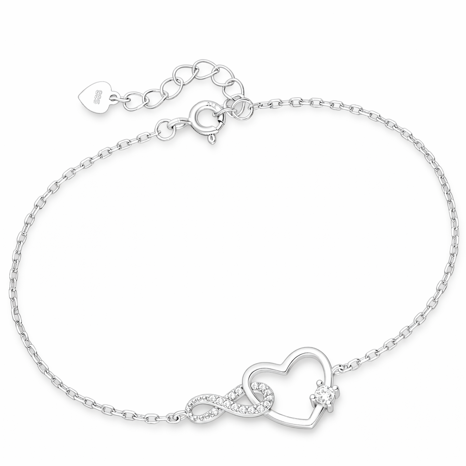 Melchior Jewellery sterling silver heart infinity bracelet with delicate chain and sparkling stones