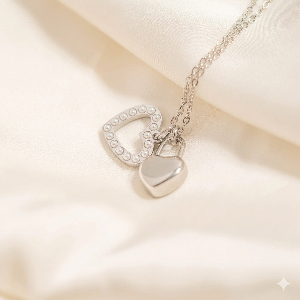 sterling silver Heart Padlock Charm with pearl detail heart outline on delicate chain necklace