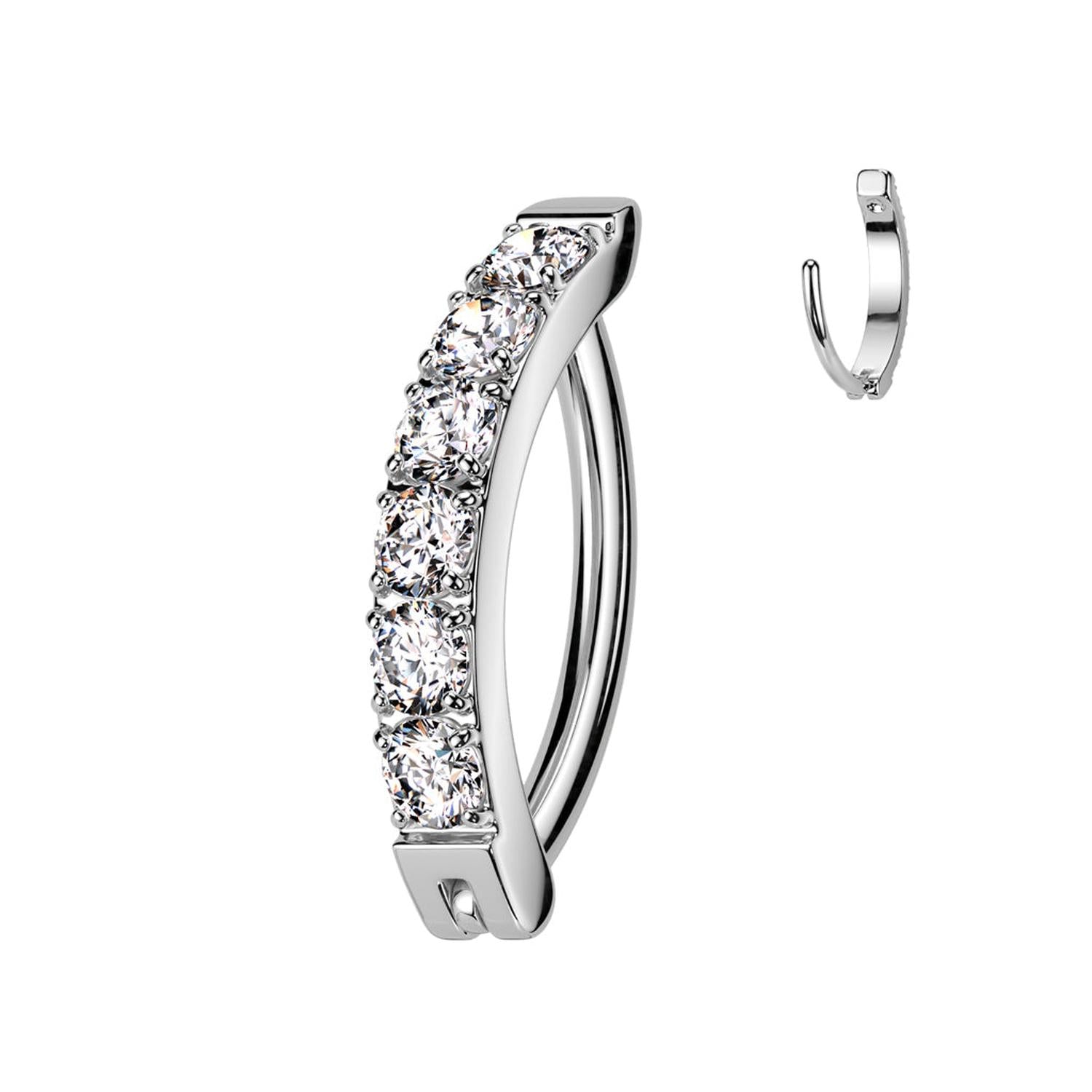 Melchior Jewellery titanium hinged belly ring curved silver bar set with five clear round crystals for navel piercing