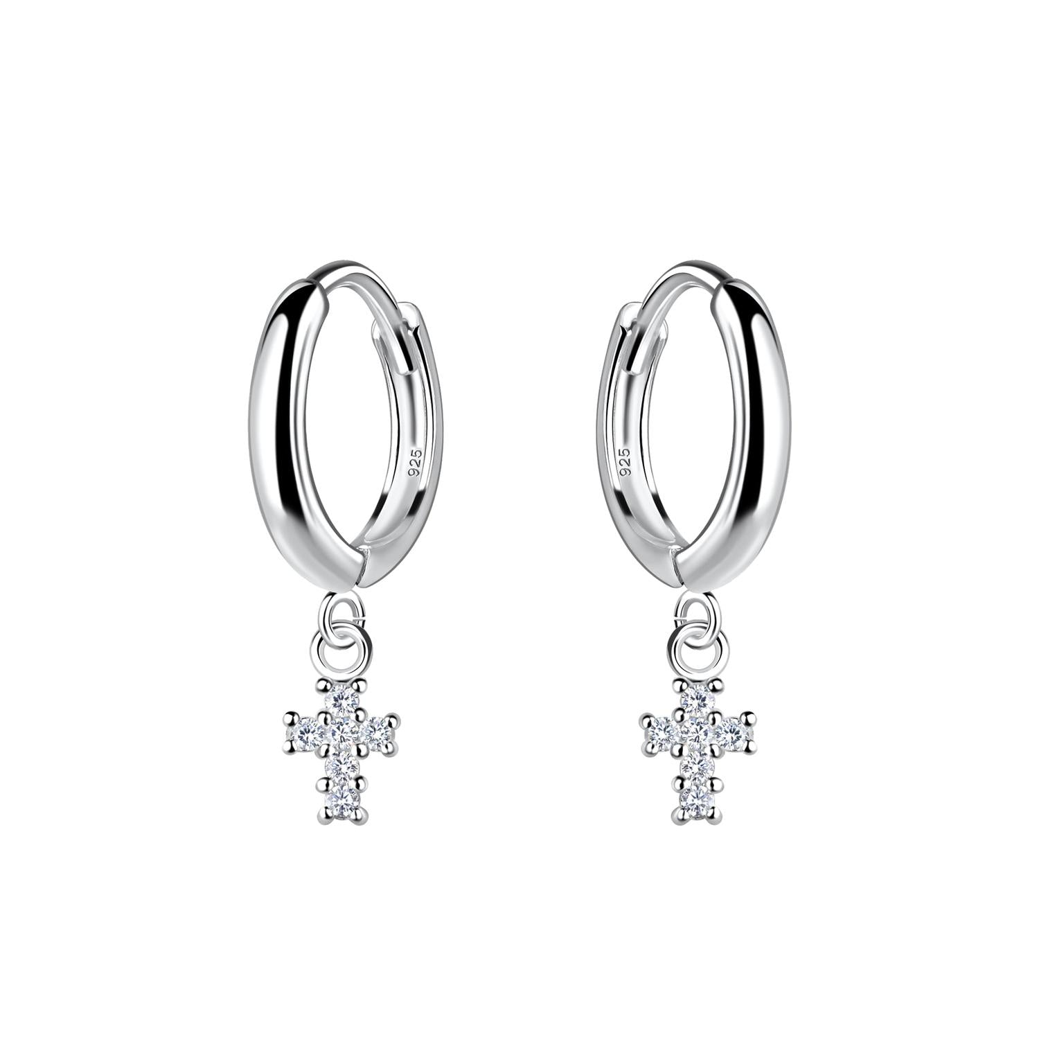 sterling silver Cross Charm Huggie Hoop Earrings with cubic zirconia for elegant style