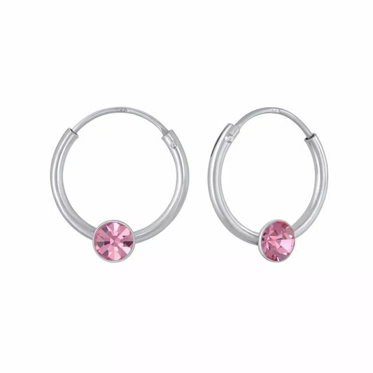 Melchior Jewellery pink crystal hoop earrings for kids with silver hoops and pink crystals