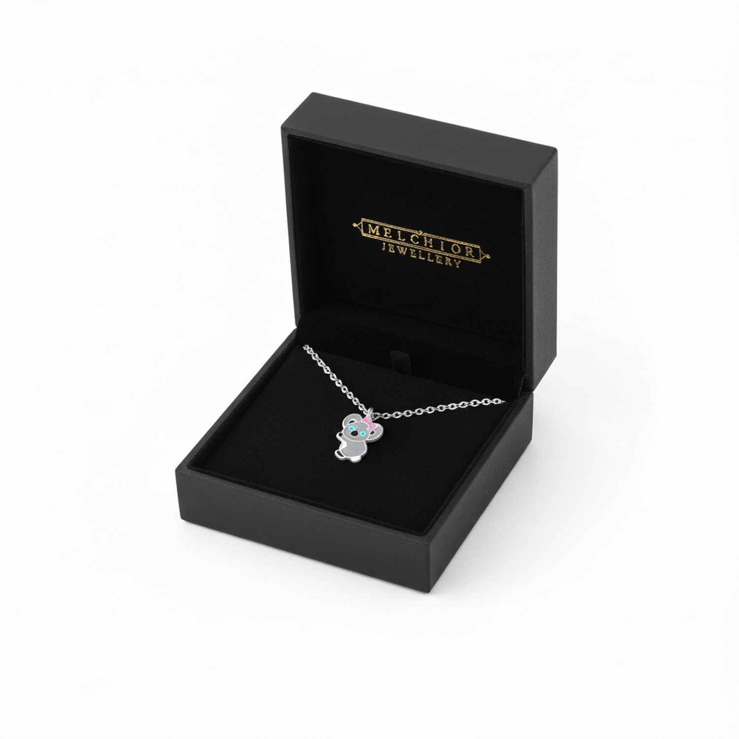 Melchior Jewellery childrens koala bear necklace in black gift box with silver chain and pendant