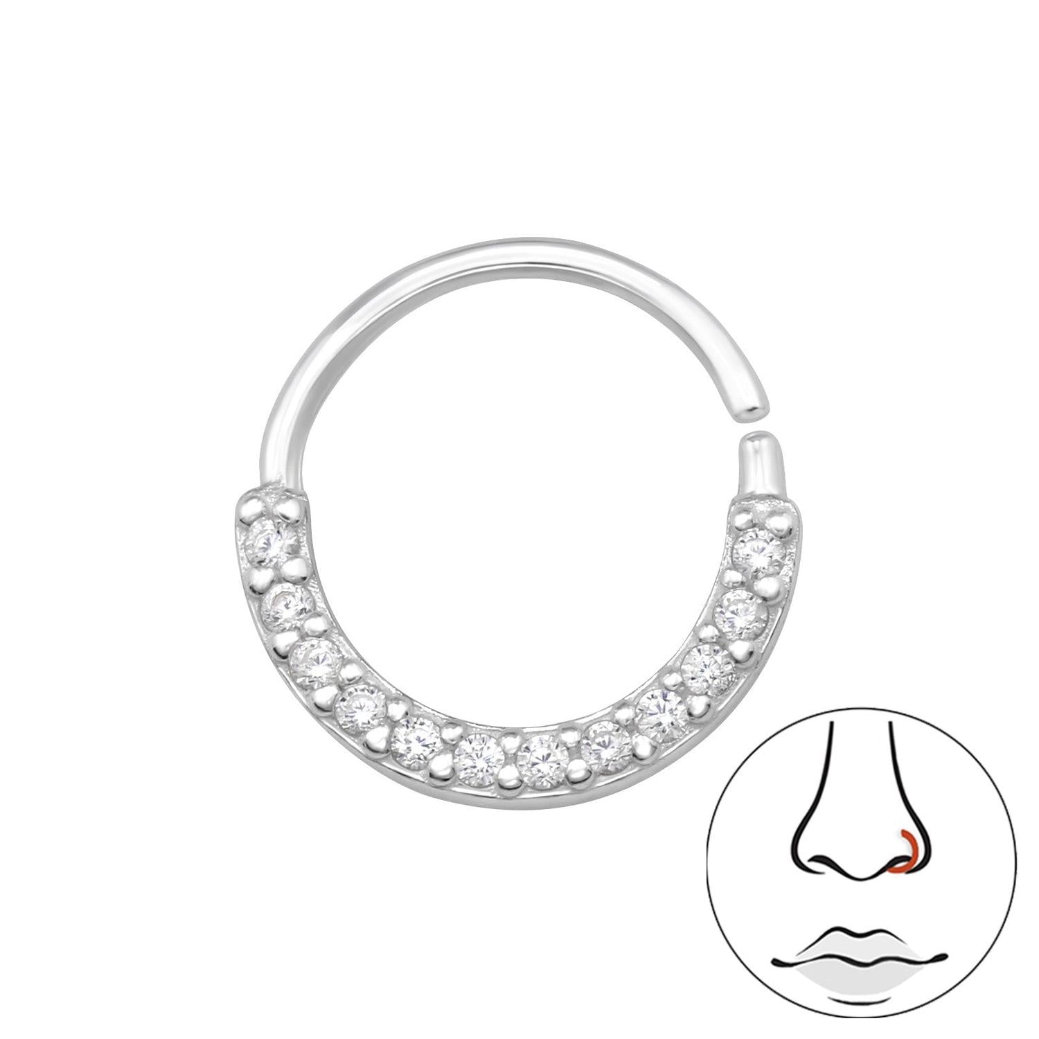 Melchior Jewellery sterling silver CZ nose ring featuring a half hoop design with sparkling clear cubic zirconia stones