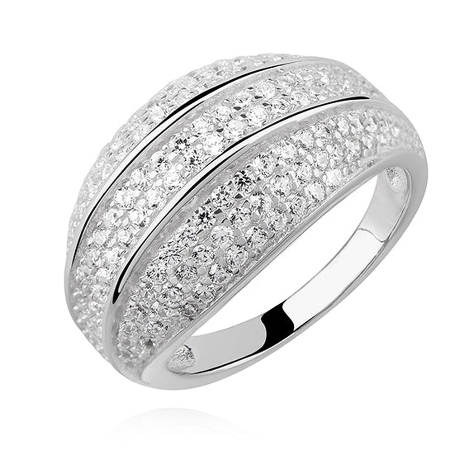 Silver White Cubic Zirconia Ring with sparkling stones on polished silver band for women