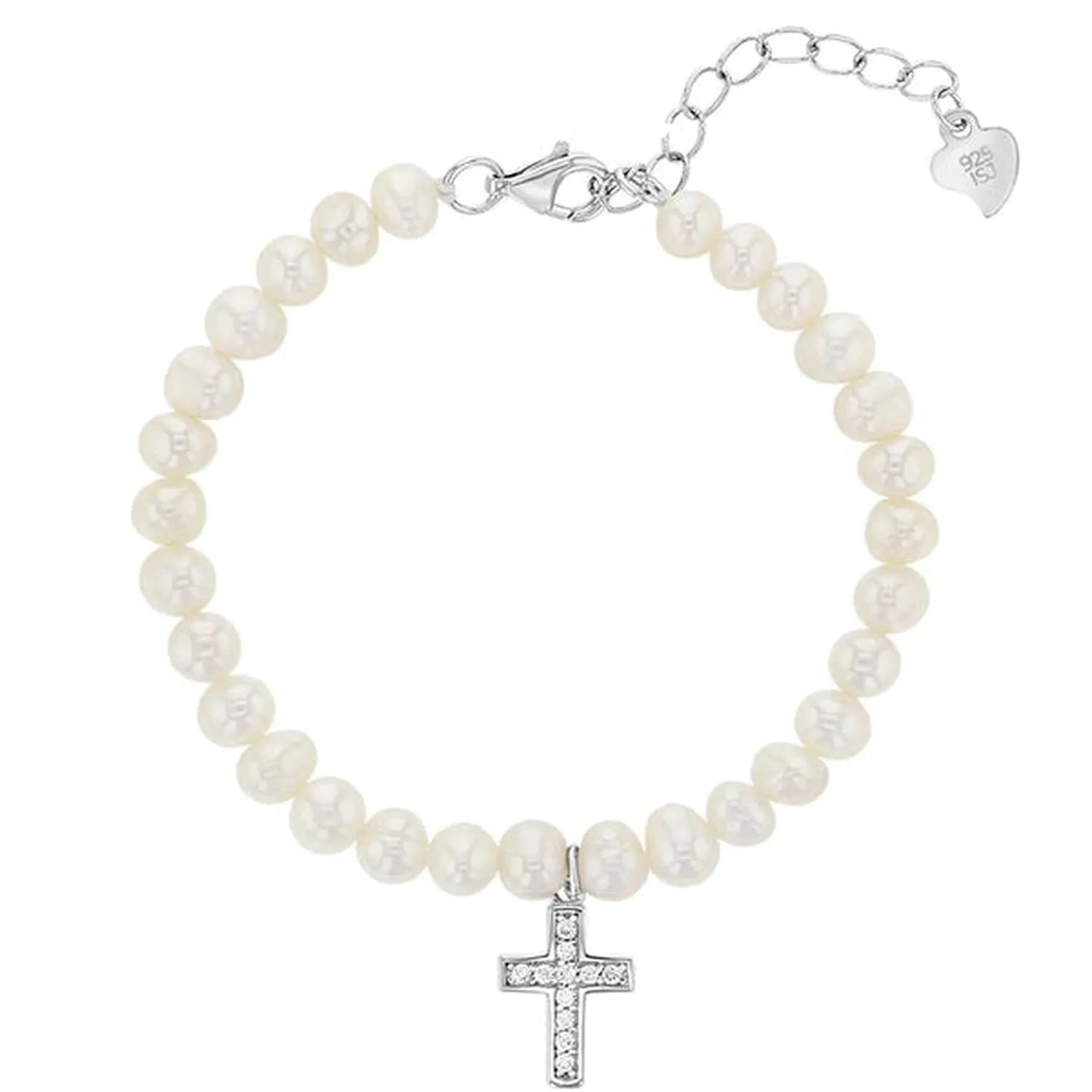Melchior Jewellery silver pearl with cross baby bracelet in white pearls and sterling silver chain for children