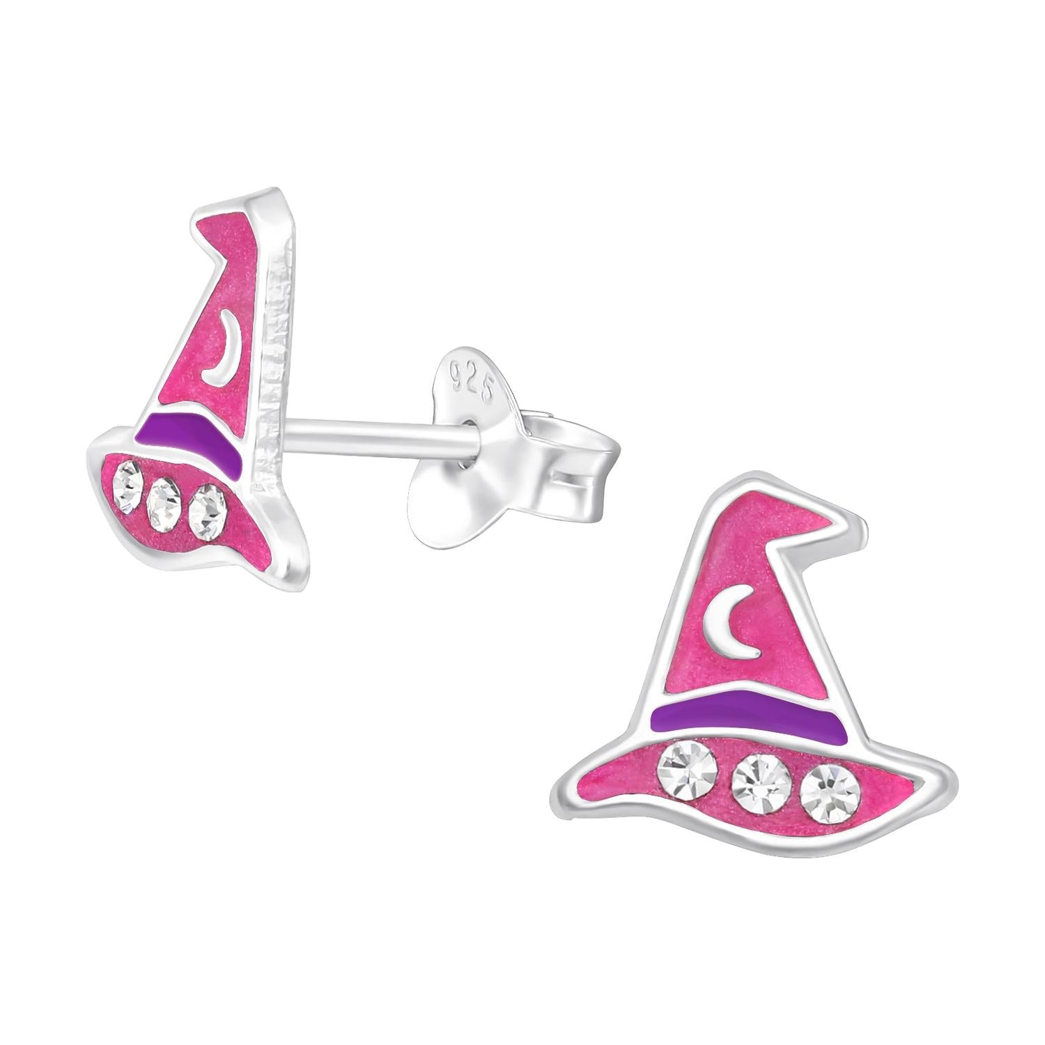 Sterling silver pink witch hat stud earrings for kids with purple detail and clear crystals