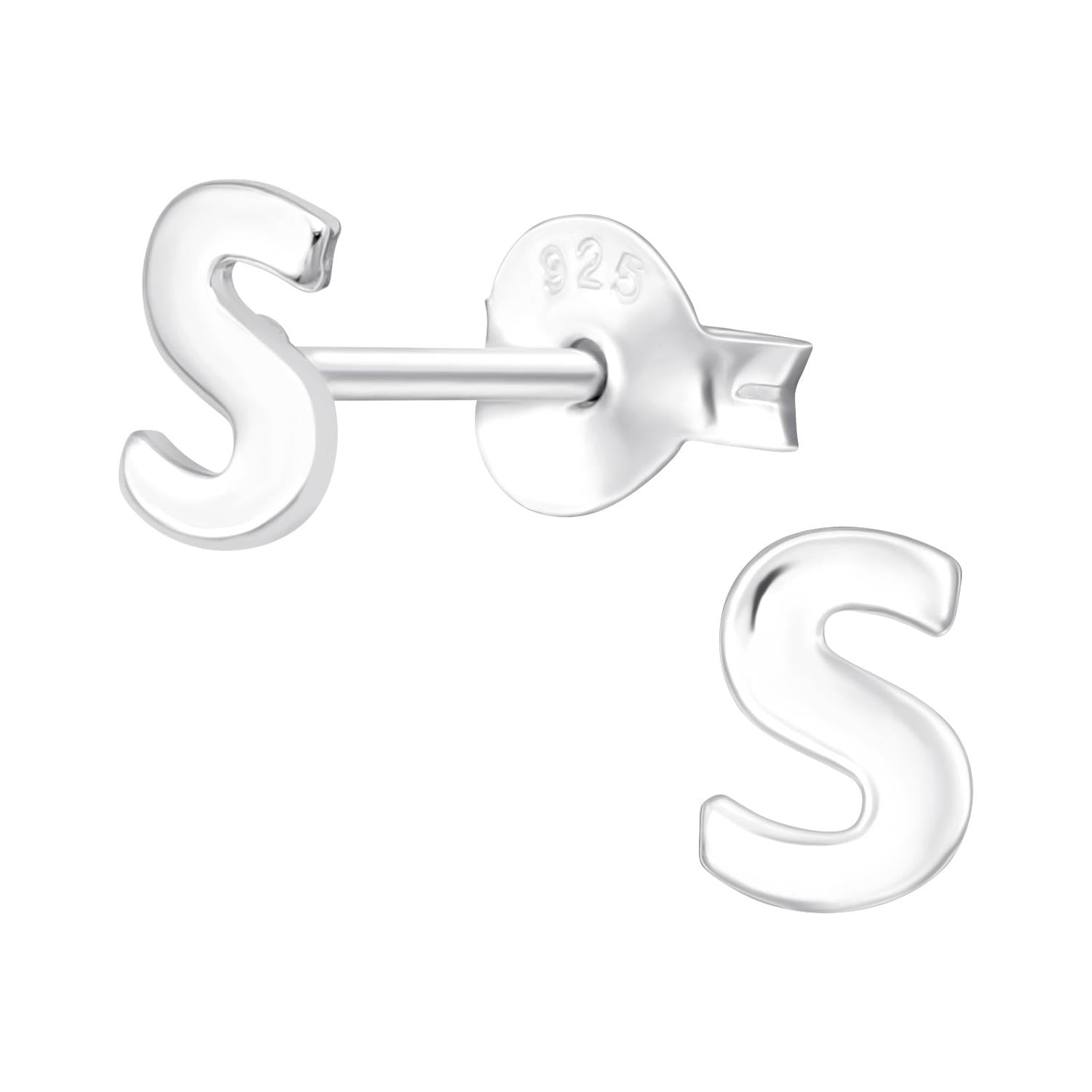 Sterling silver kids letter S stud earrings by Melchior Jewellery for children with secure backs
