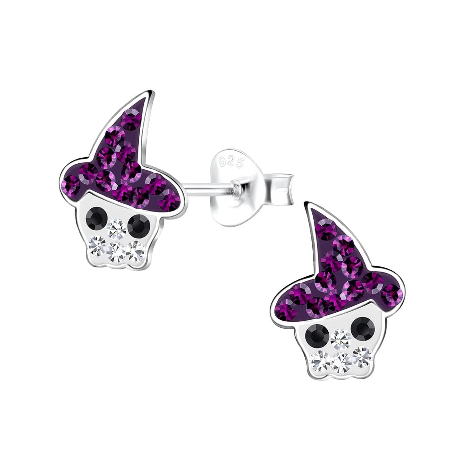 Melchior Jewellery kids Halloween stud earrings silver skull design with purple witch hats and black eyes