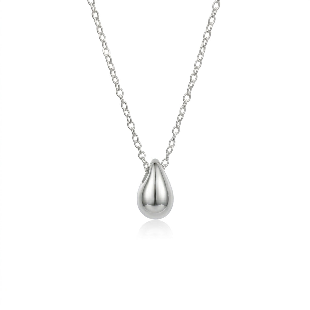 Sentiell sterling silver teardrop pendant necklace with a polished smooth silver teardrop charm on a delicate silver chain