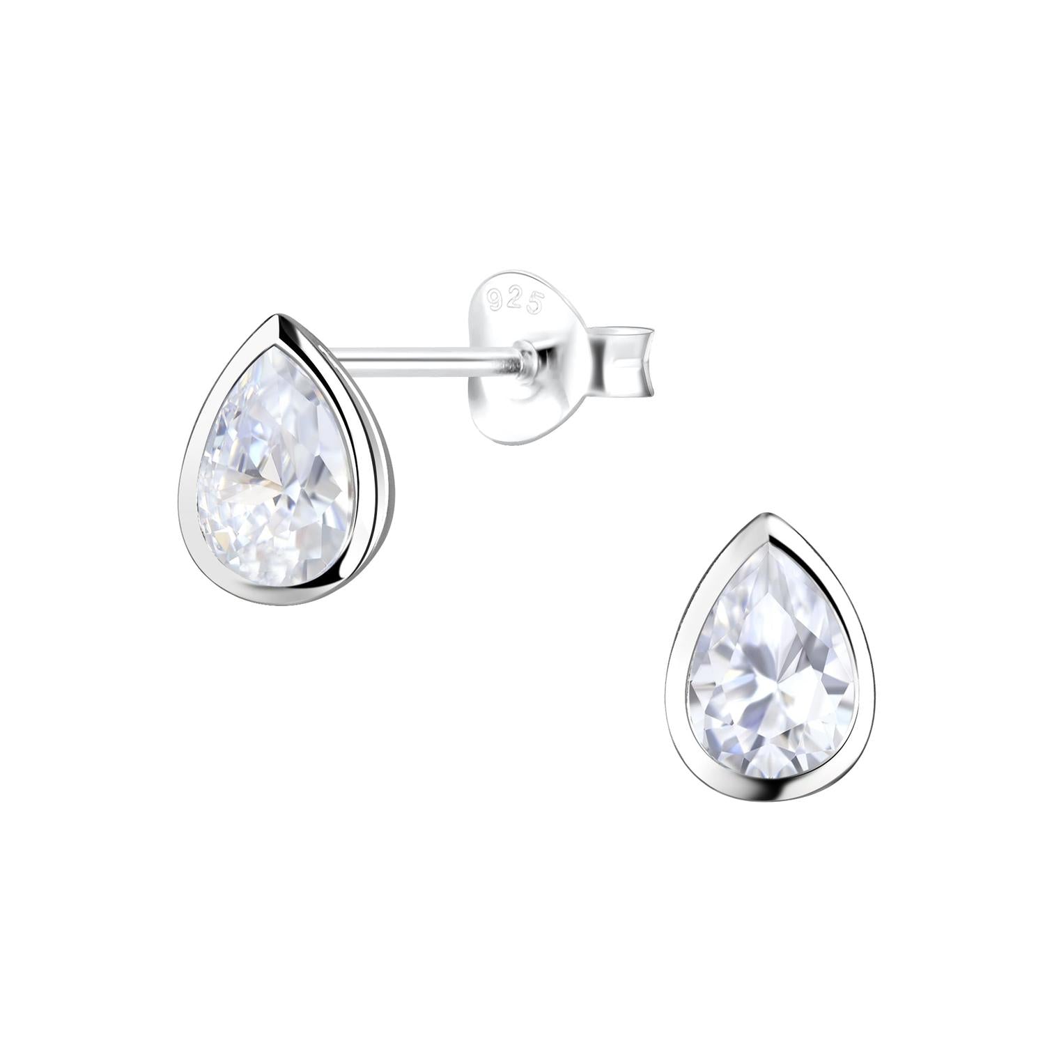 Sterling silver silver Teardrop Stud Earrings with clear crystal gems for women by Melchior Jewellery