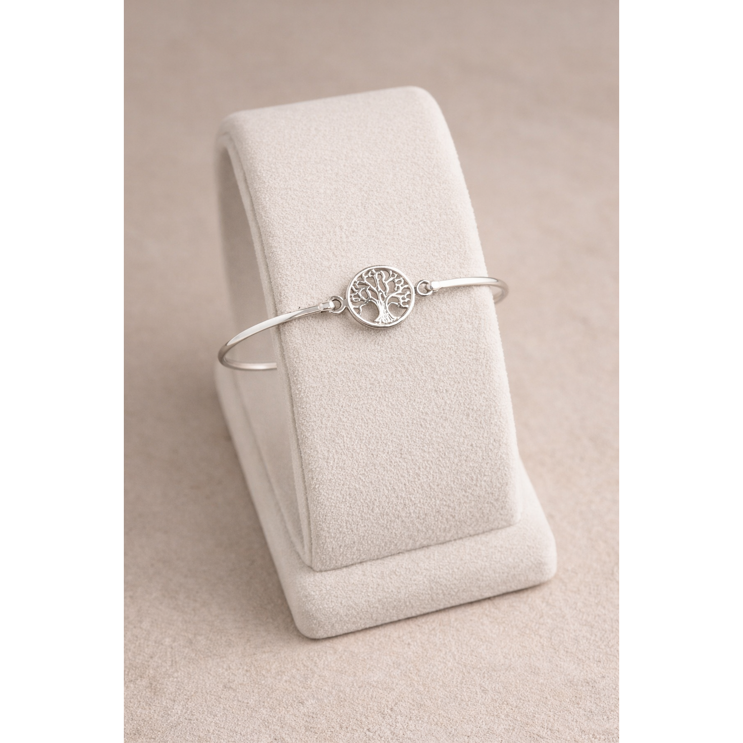 Melchior Jewellery sterling silver tree of life bangle with delicate round charm on soft display stand