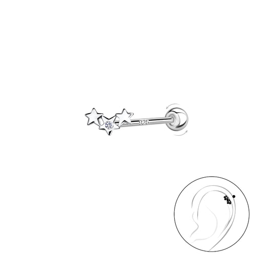 Silver triple star cartilage stud from Melchior Jewellery with three stars and a crystal detail