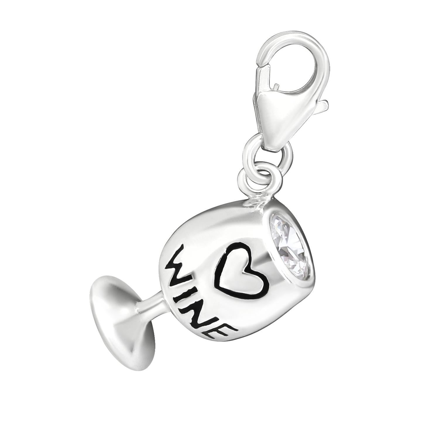 sterling silver White Wine CZ Clip On Charm with clear cubic zirconia and love heart detail