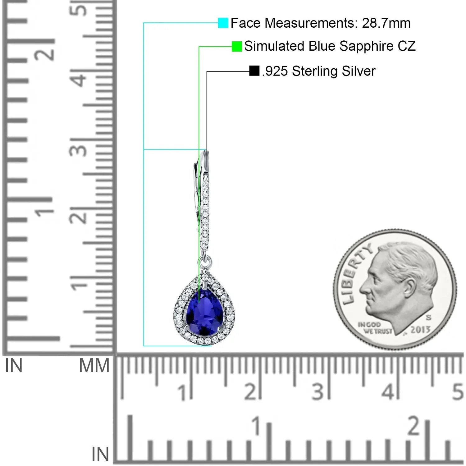 Melchior Jewellery sterling silver sapphire earrings with simulated blue sapphire and diamond accents shown with measurement scale