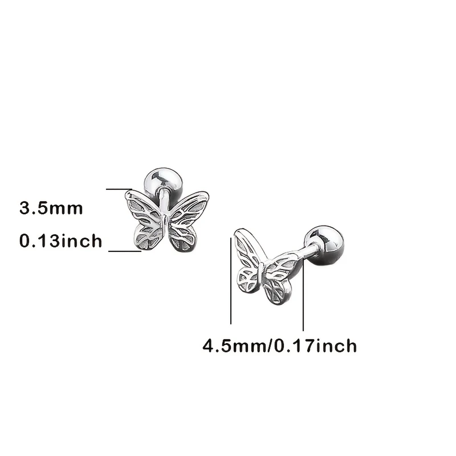 Melchior Jewellery small butterfly screw back earrings for children in silver with size details