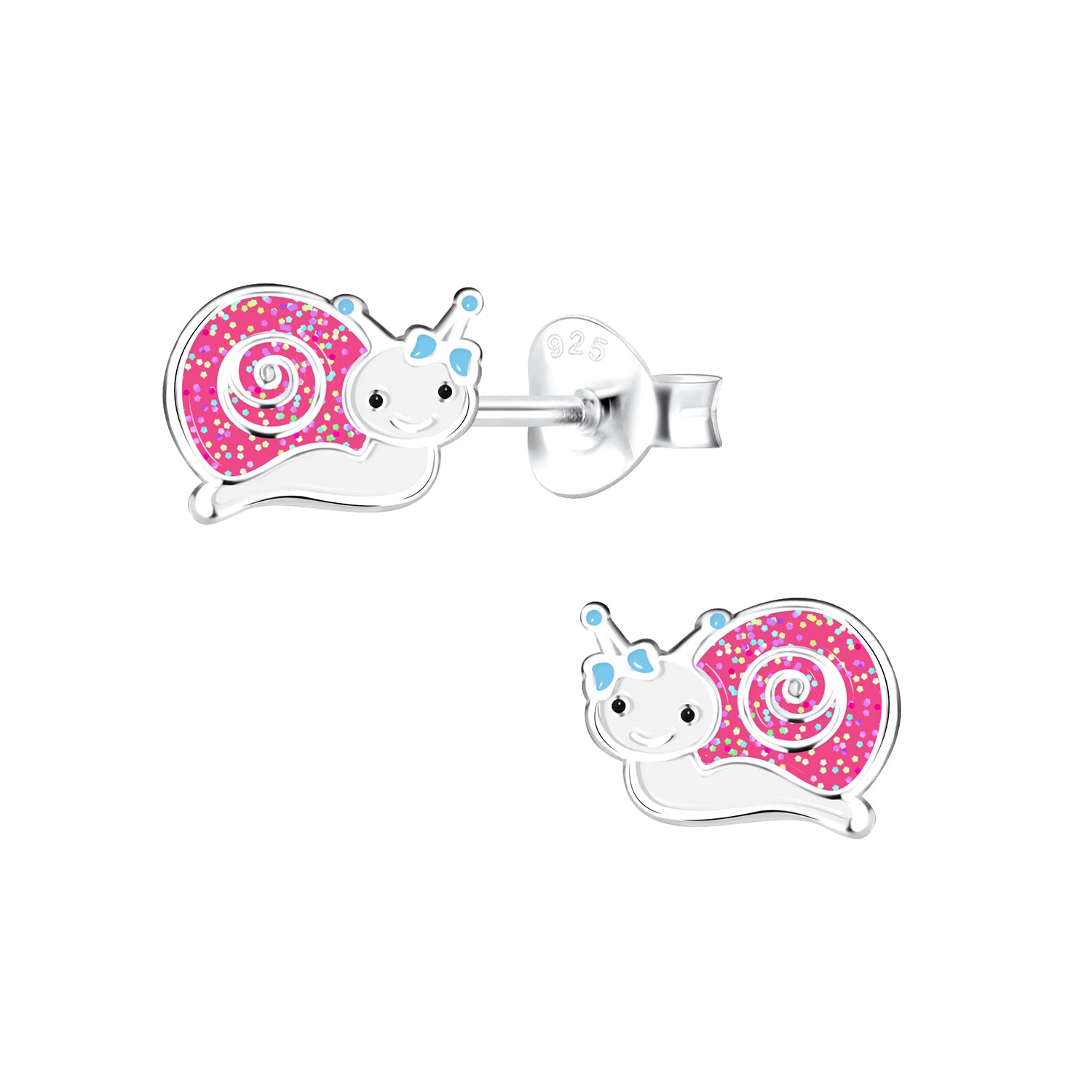 Sterling silver pink and blue snail stud earrings for children by Melchior Jewellery