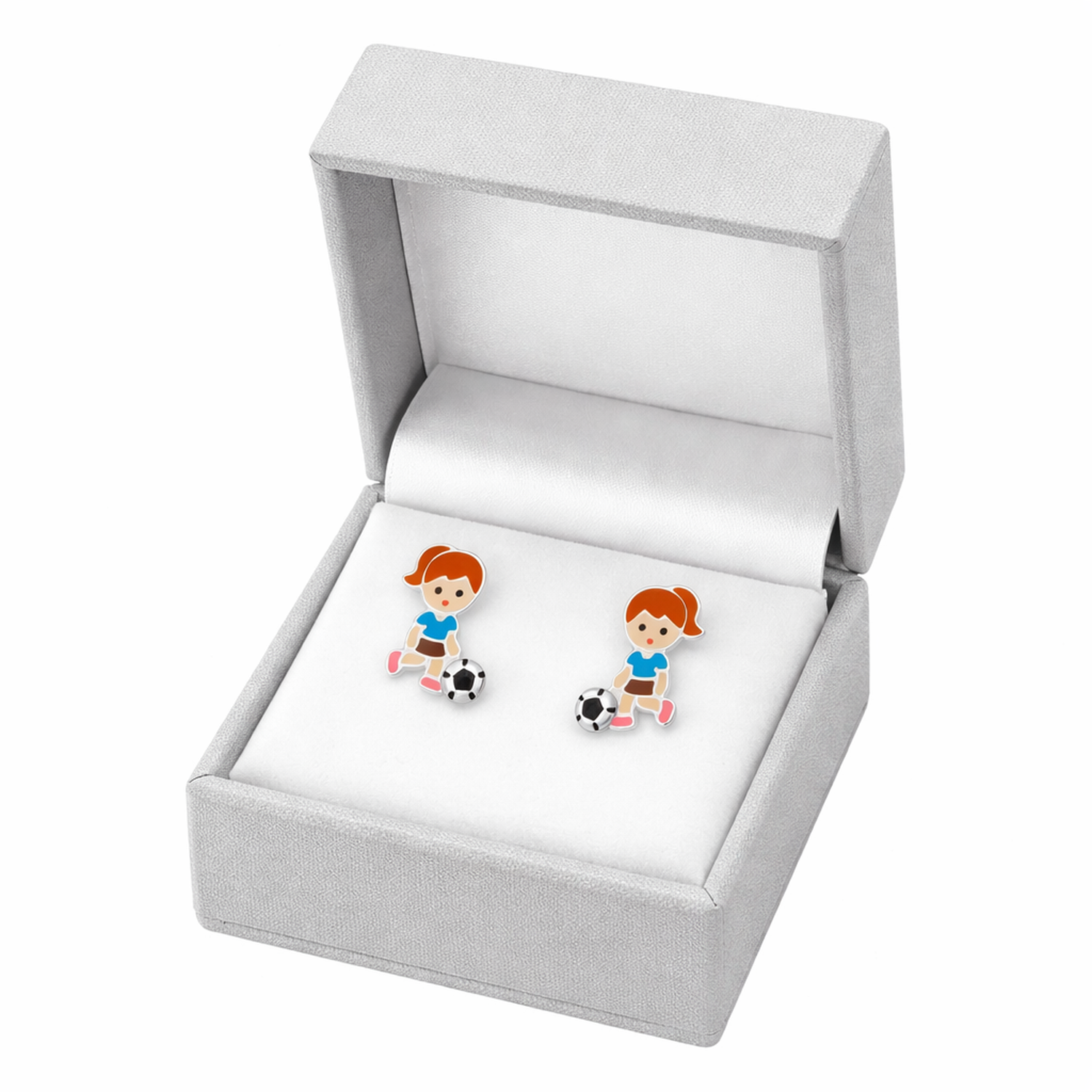 Melchior Jewellery girls football stud earrings in a grey jewellery box for children