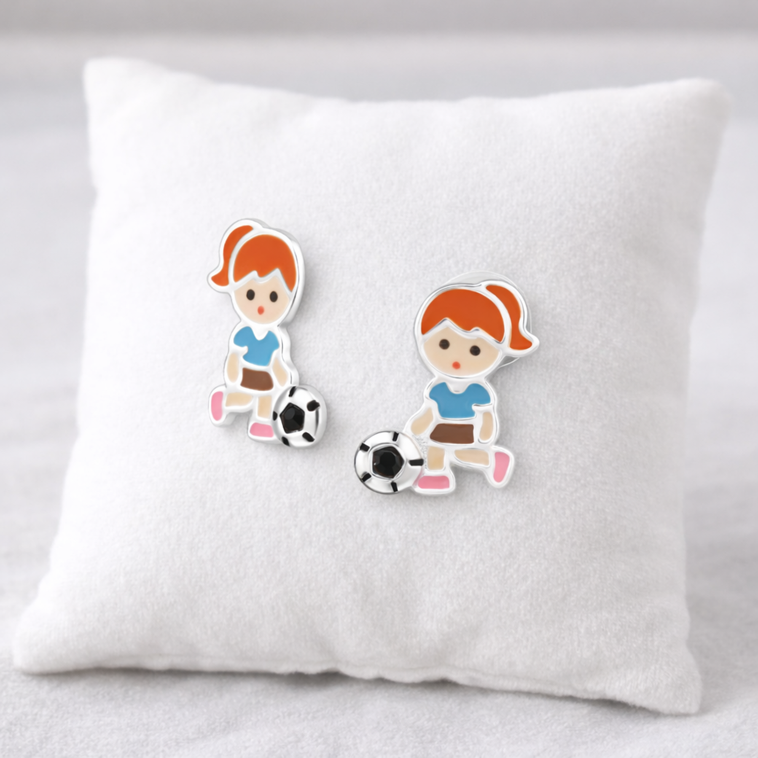 Melchior Jewellery girls football stud earrings featuring cute red-haired girl with football design